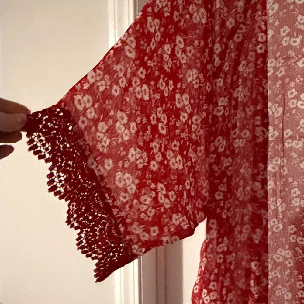 Maurices Red Floral Sheer Kimono Cardigan - Picture 3 of 5